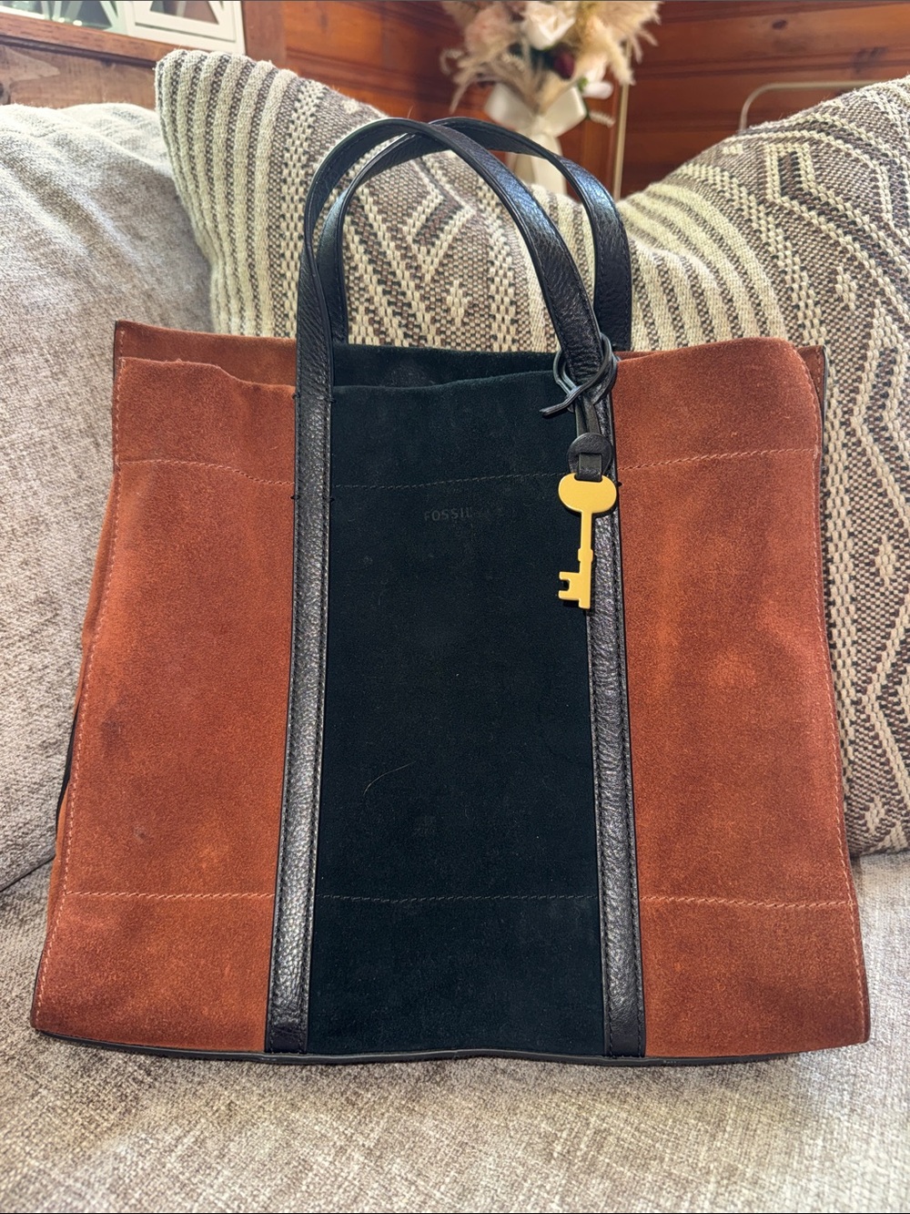 Fossil Black and Brown Suede Satchel Bag